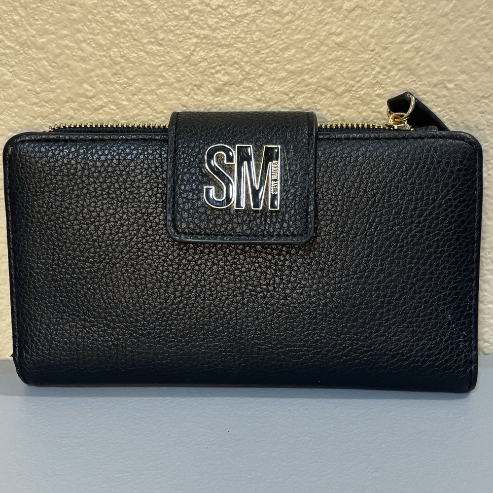 Steve Madden black Bifold Leather Wallet ID Card‎ Storage Zip Logo money Coin
